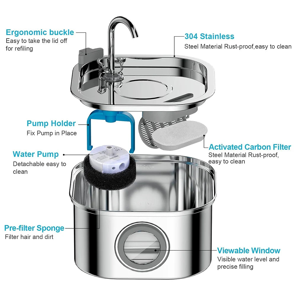 Stainless Steel Cat Water Fountain 108oz USB Silent Pump
